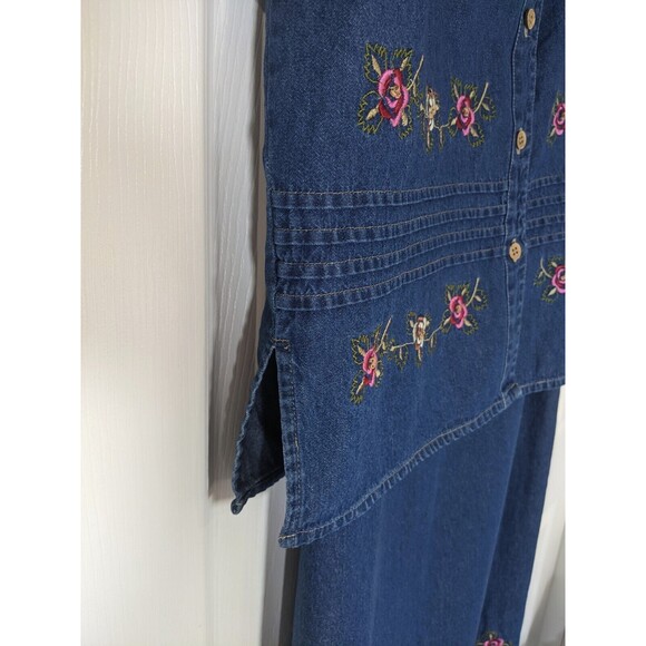 Denim Floral Jumper L Dress 90s Jean Shirt Set Vintage MPH Embroidered Rose Maxi - Picture 10 of 16